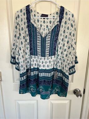 Artesia Boho Peasant Tunic Top Medium Blue Teal Border Print Tassel Tie